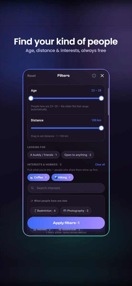 Free filters: age, distance and interests