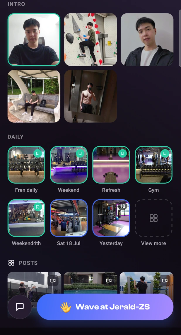 A profile's daily moments, intro and posts in ZSocial
